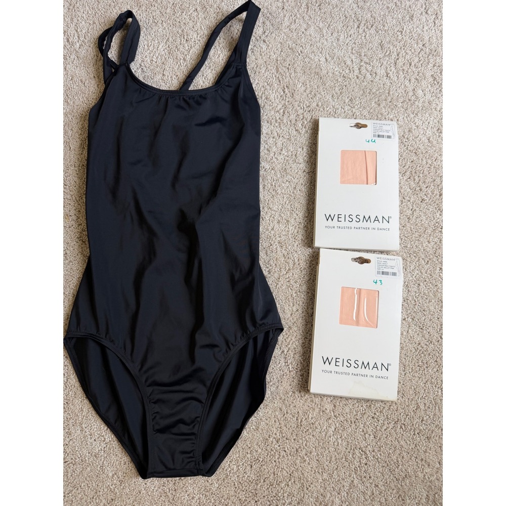 Weissman Black Strappy Back Leotard and 2 Pair Ballet Pink Convertible Tights LA